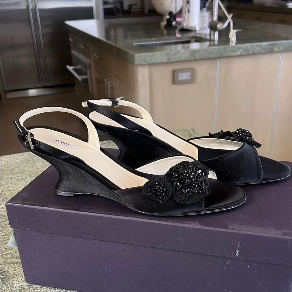 PRADA Black Wedge Sandals with Embellished Detail 38.5